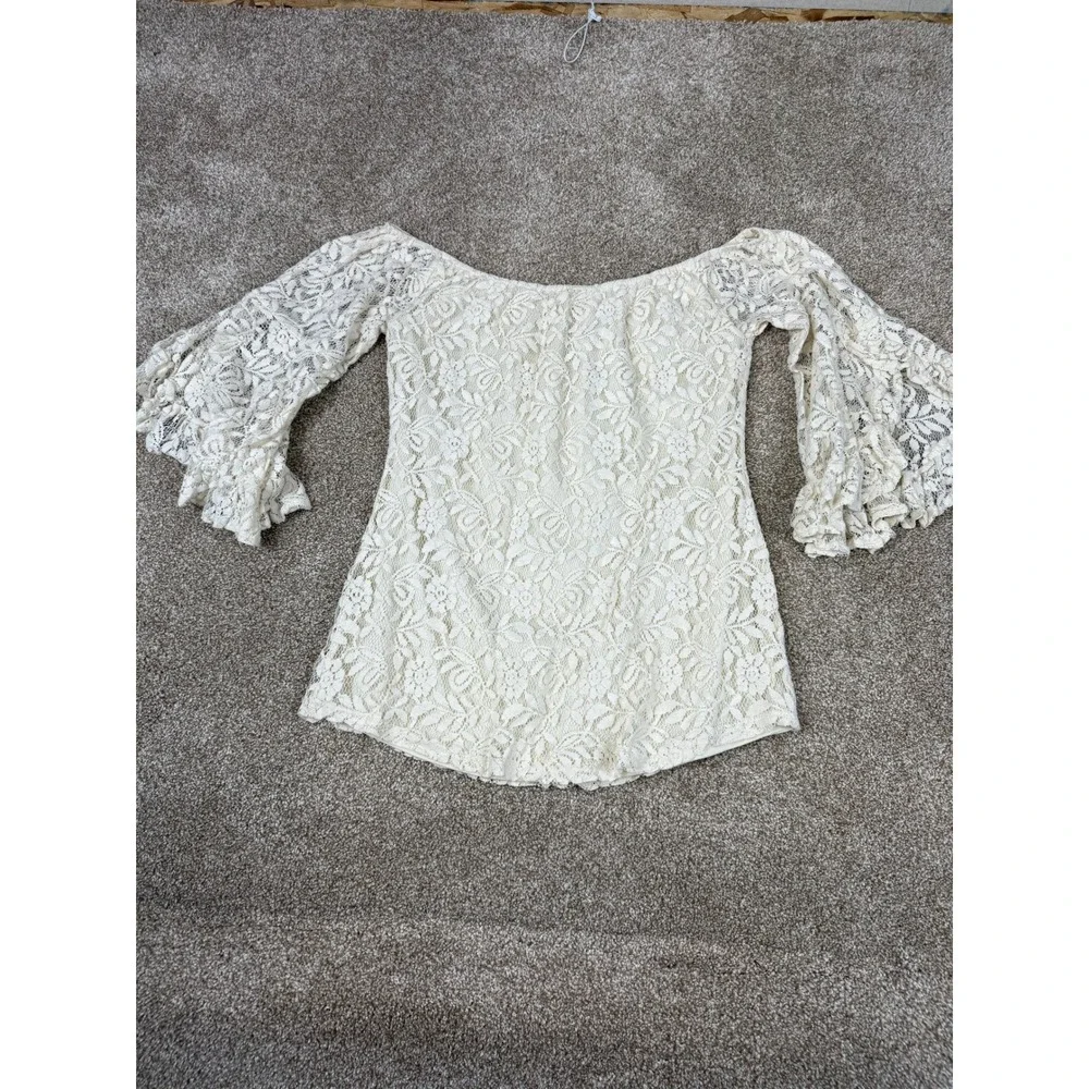 Entro‎ Women Cream Floral Lace Off Shoulder Bell Sleeve Ruffle Top T3119 Large